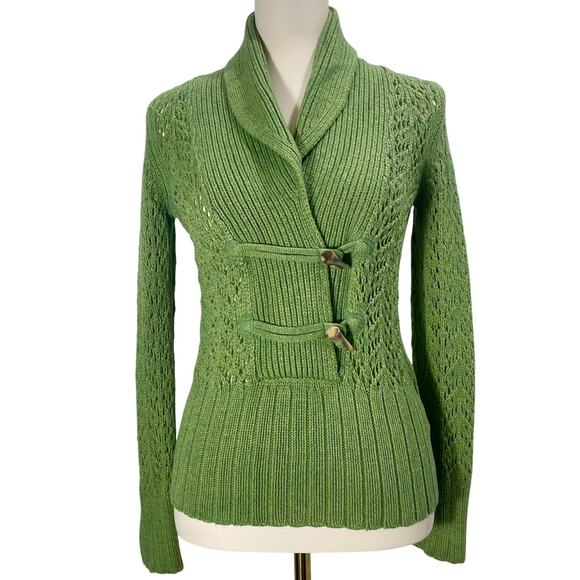 VTG Y2K Old Navy Green Knit Toggle Sweater Cowl Neck Cottagecore Cardigan Small - Picture 1 of 13